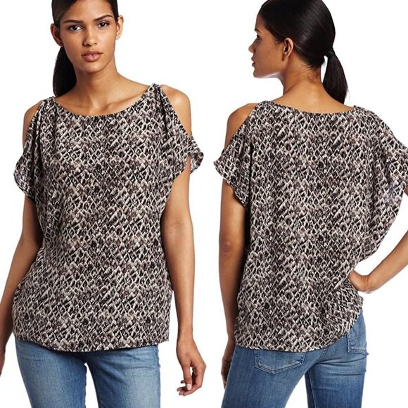 Joie 100% Silk Tribal Aztec Feather Print Cold Shoulder Top Blouse Sz S Womens - Picture 4 of 8